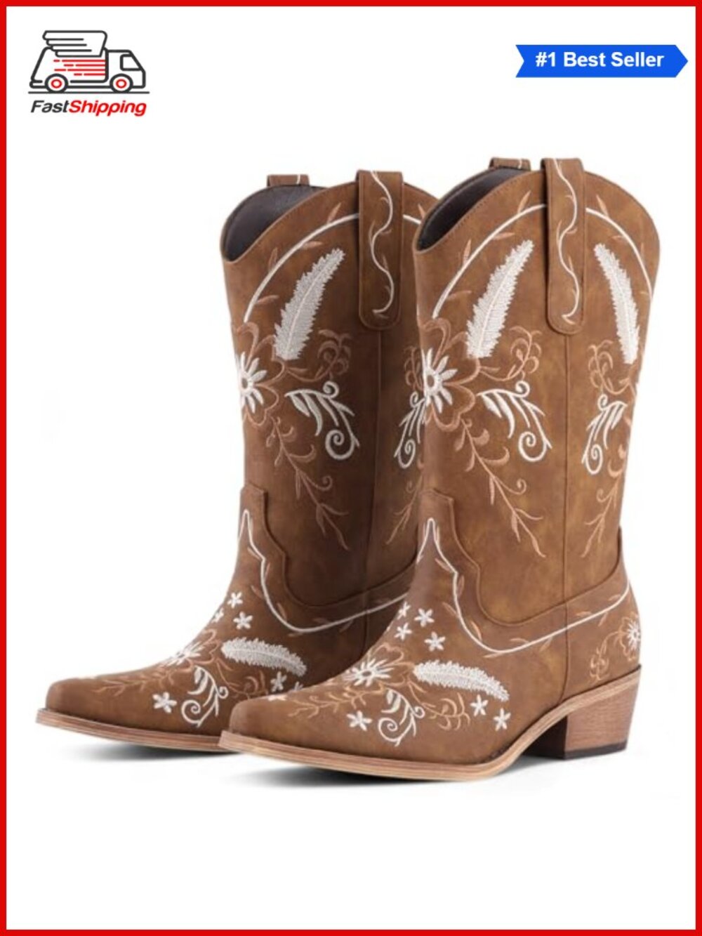 ✨Floral Embroidered Cowboy Boots Women Pointed Toe Chunky Heel Mid Calf Western